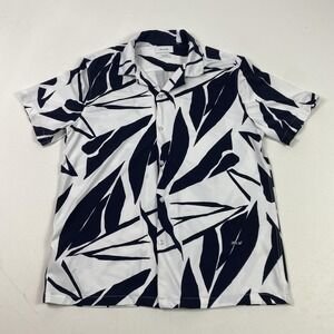 Porter & Ash Shirt Mens Large White Black Kinetic Stretch Button Up Leaf Print